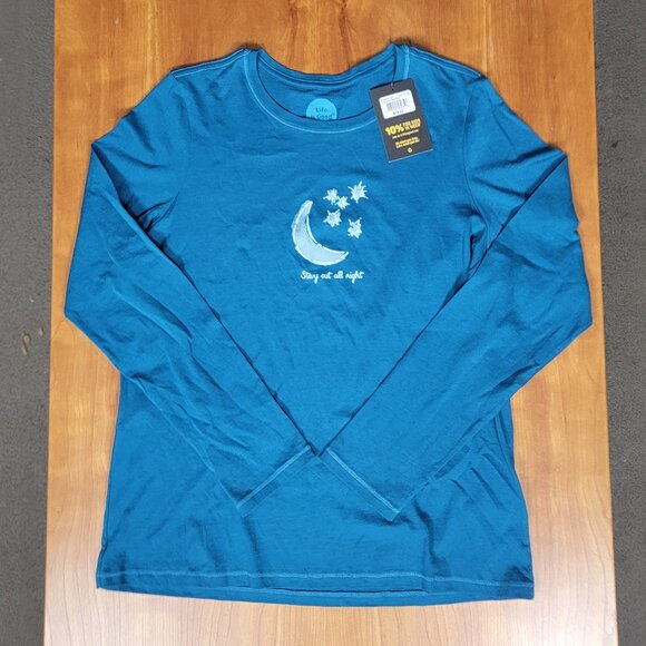 NWT Life Is Good Aqua Classic Fit Crew Neck Long Sleeve Tee Stay Out All Night M - Picture 5 of 10